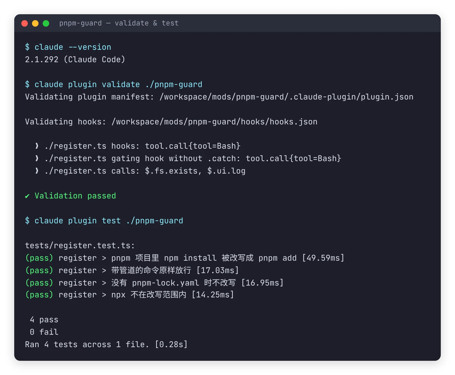 claude plugin validate 和 claude plugin test 的真实终端输出:验证通过,列出 tool.call 事件和 $.fs.exists、$.ui.log 两个调用,四个测试全部 pass